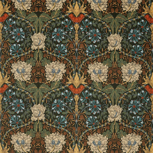 MORRIS & CO Honeysuckle and Tulip Velvet Fabric Contemporary, Floral Forest,Chestnut   - DROF236939