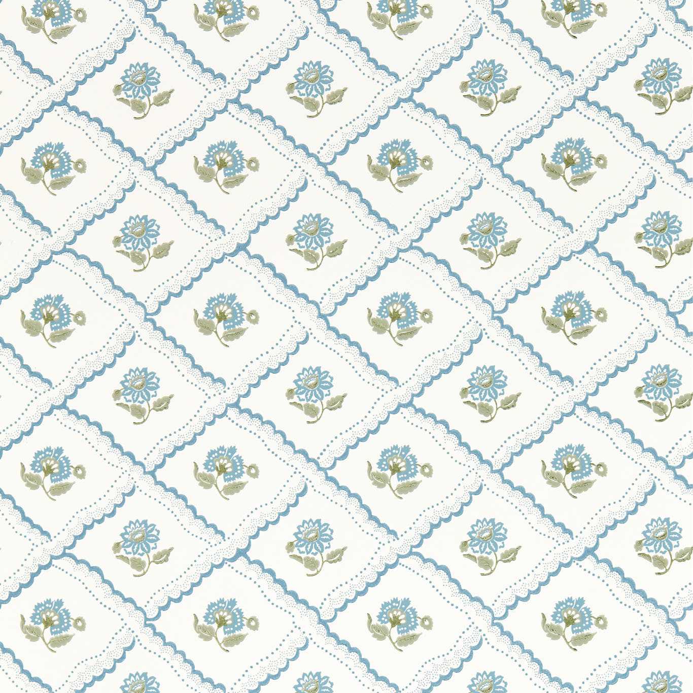 Light gray square wallpaper swatch against a blue floral patterned wallpaper background.