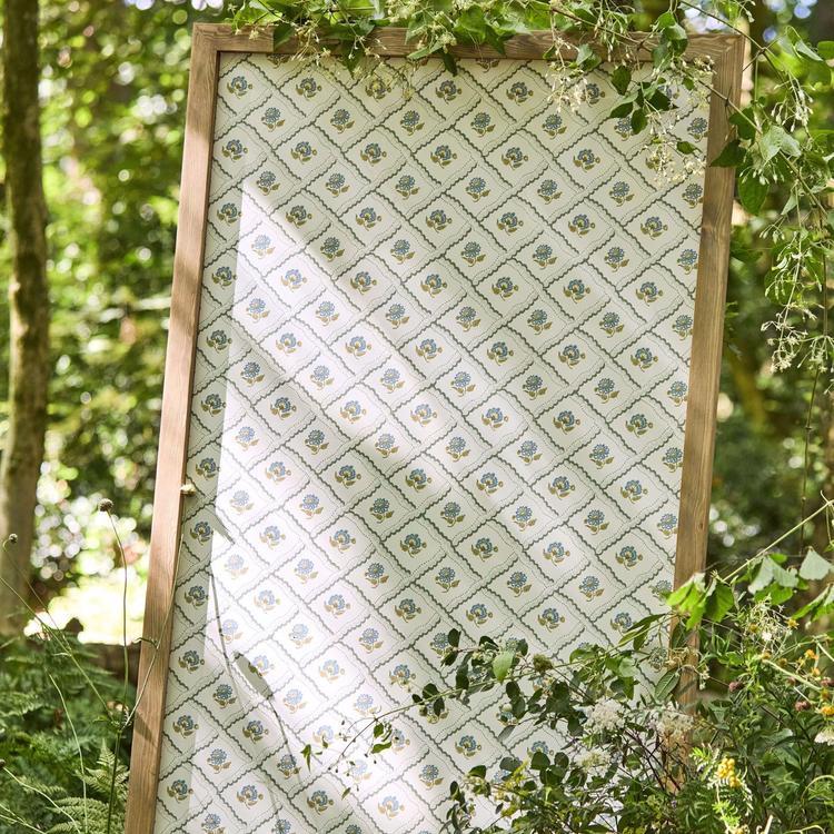 Sanderson Fairdown Wallpaper DSAB217440 in Forest/Olive, showing trellis and block-printed floral motifs  – perfect for accent walls.