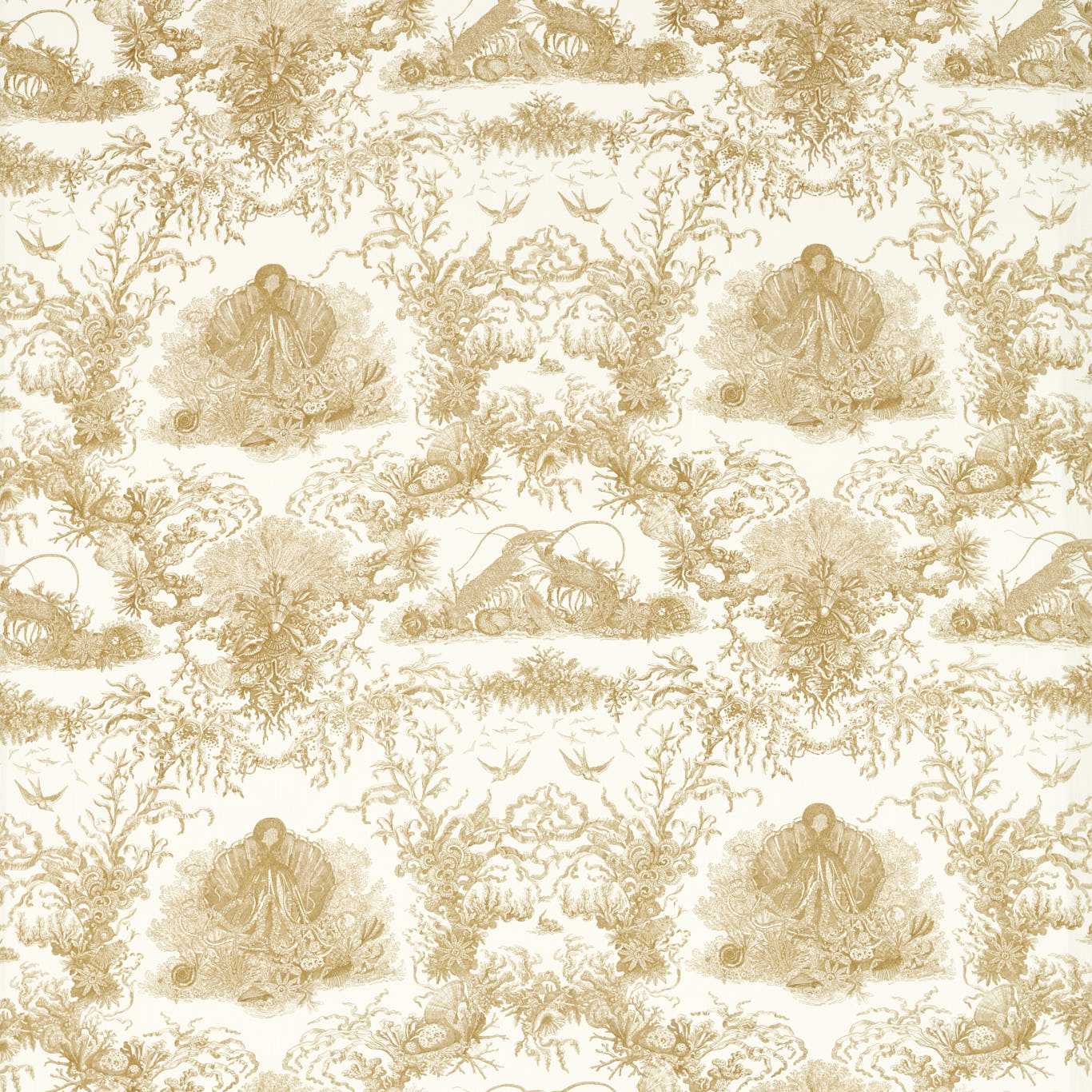 Beige fabric pattern with gold-toned leaves, trees & sand dollar motifs in a repeating botanical design.