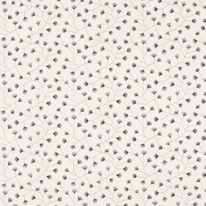 Cream fabric with delicate gray botanical branches and small tufted buds; seamless modern botanical print.