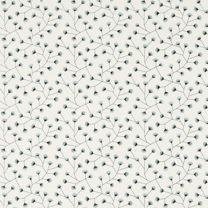 Repeating botanical pattern of teal leaf clusters on thin brown-gray branches against a pale background.