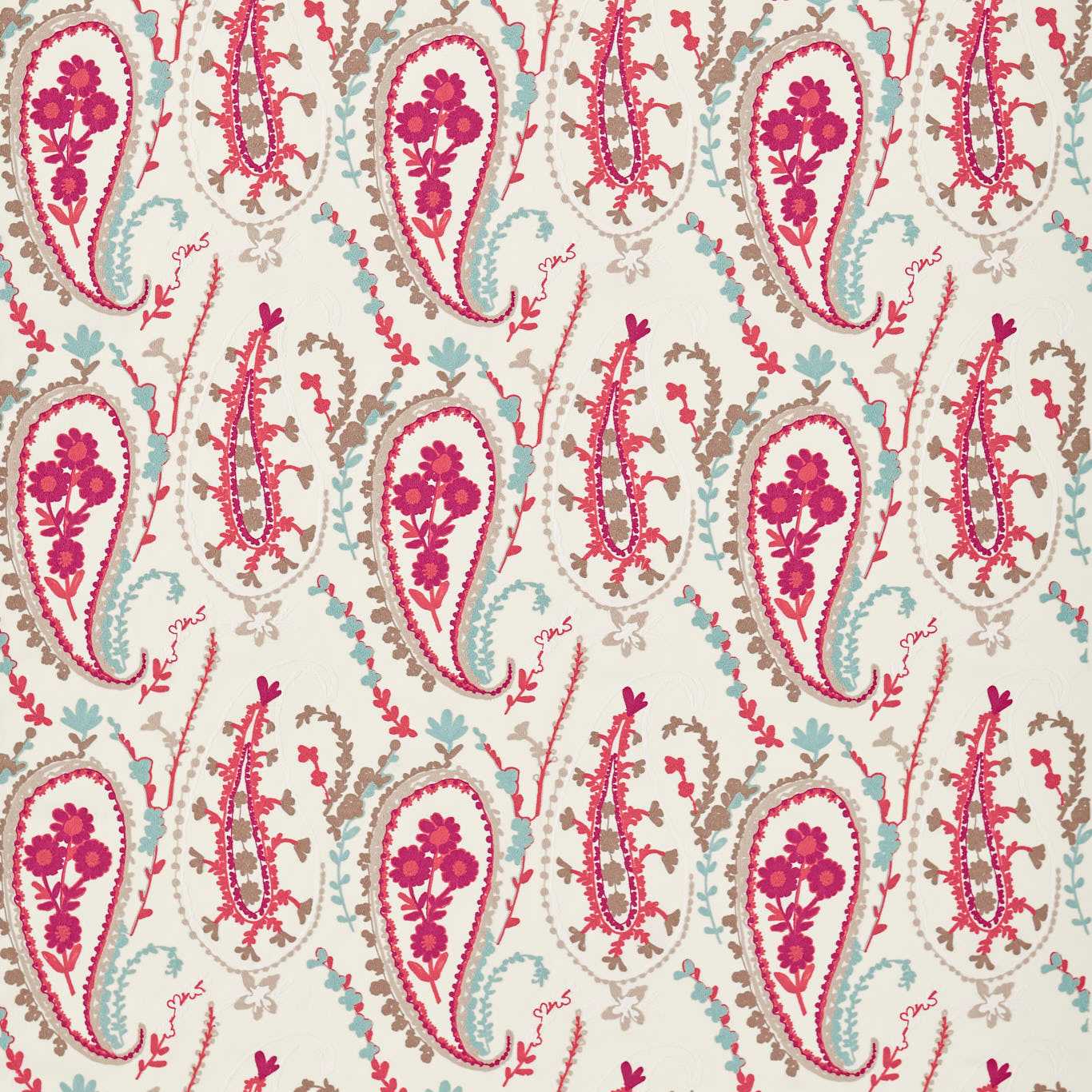 Cream fabric with bright pink paisley and floral motifs in magenta, brown, and aqua accents; vintage-inspired textile print.