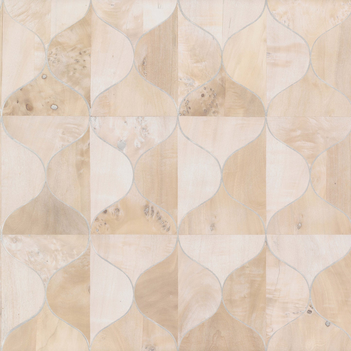 Beige burlwood wood-grain wallpaper with white curved ogee shapes forming a repeating trellis pattern.