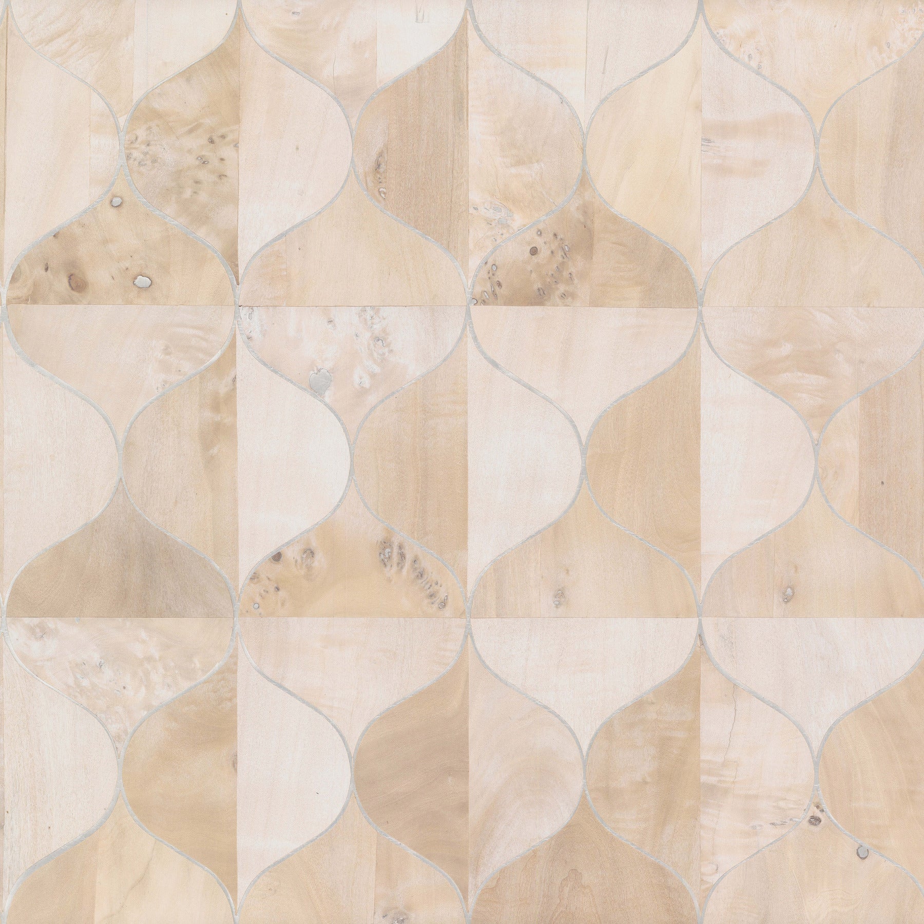 Beige burlwood wood-grain wallpaper with white curved ogee shapes forming a repeating trellis pattern.