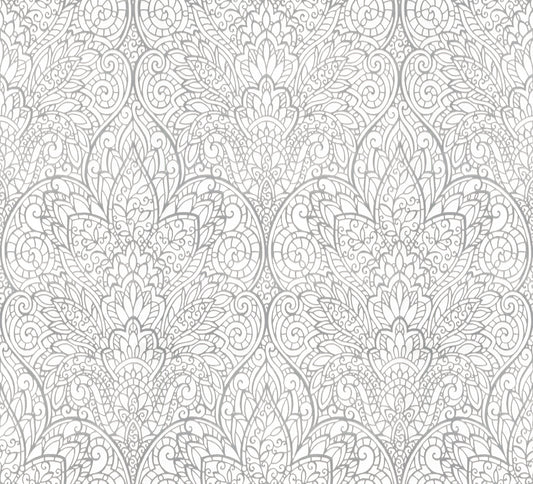 York Wallcoverings Candice Olson After 8 Paradise Bright White and Silver Wallpaper  Damasks Whites and Off-Whites   - DT5011