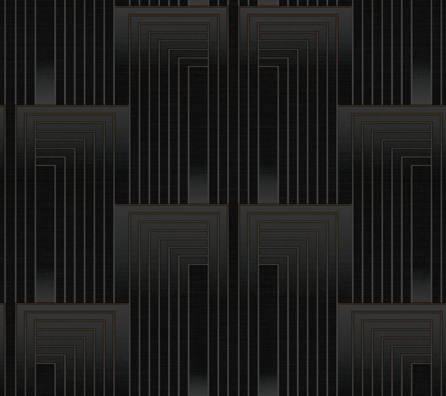 Art Deco black and copper geometric pattern with nested square frames and vertical stepped lines.