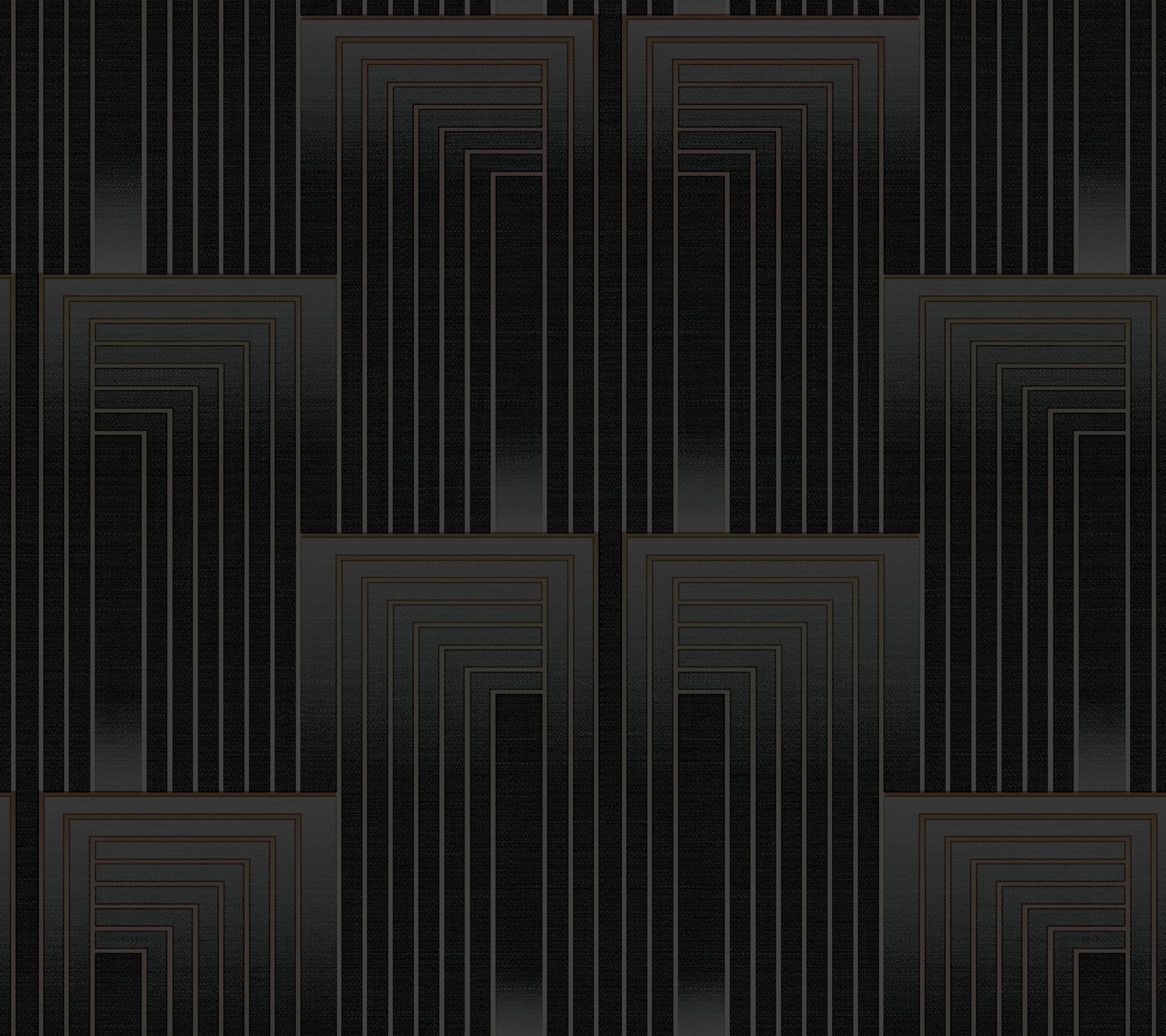 Art Deco black and copper geometric pattern with nested square frames and vertical stepped lines.