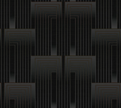 Art Deco black and copper geometric pattern with nested square frames and vertical stepped lines.