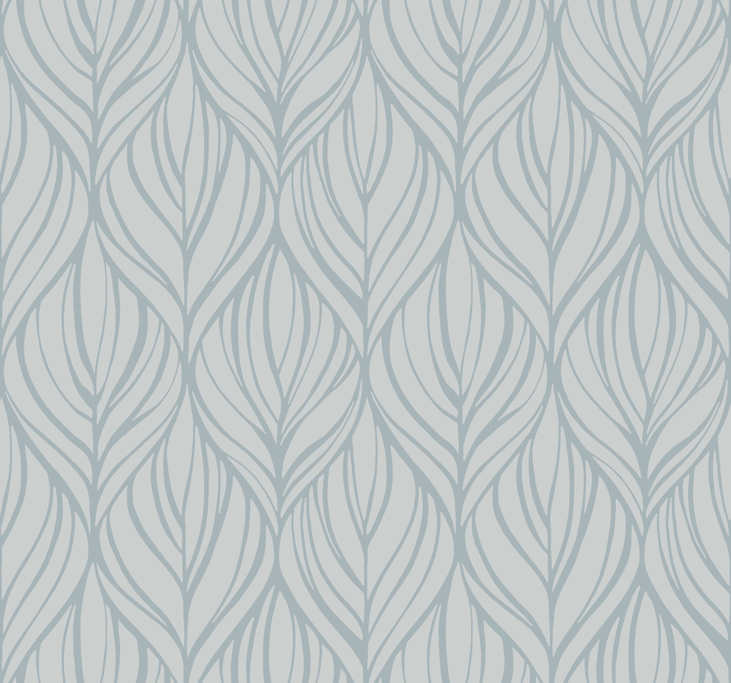 Repeating blue & silver botanical leaf pattern wallpaper on a light background.