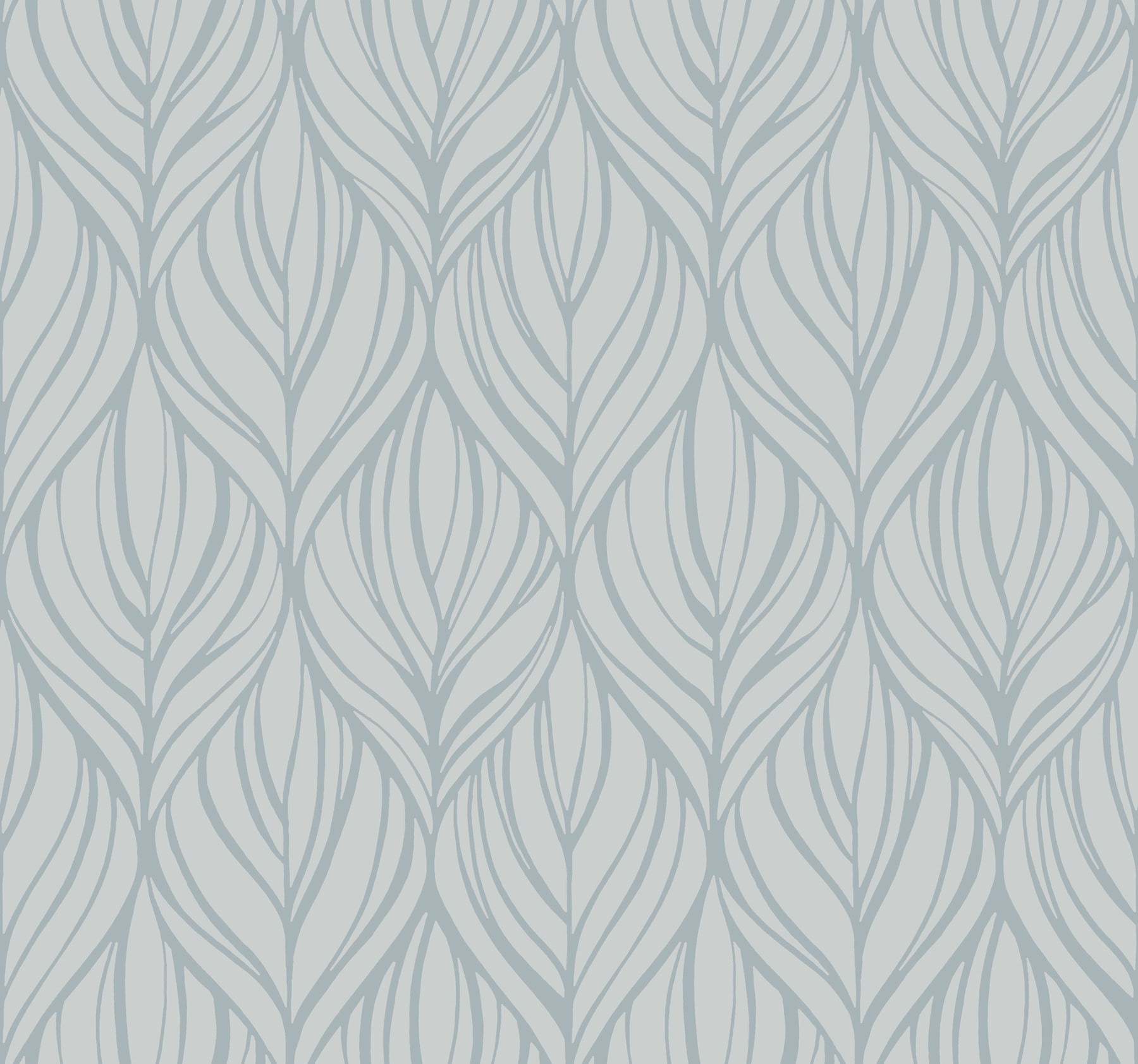 Repeating blue & silver botanical leaf pattern wallpaper on a light background.