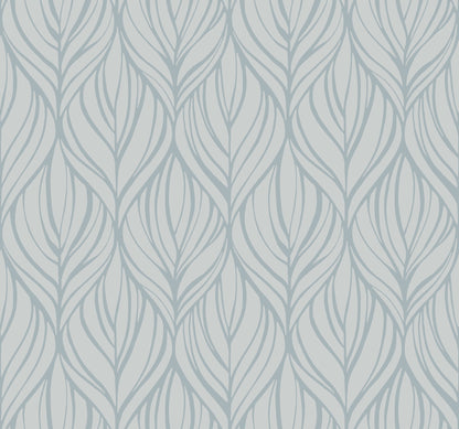 Repeating blue & silver botanical leaf pattern wallpaper on a light background.