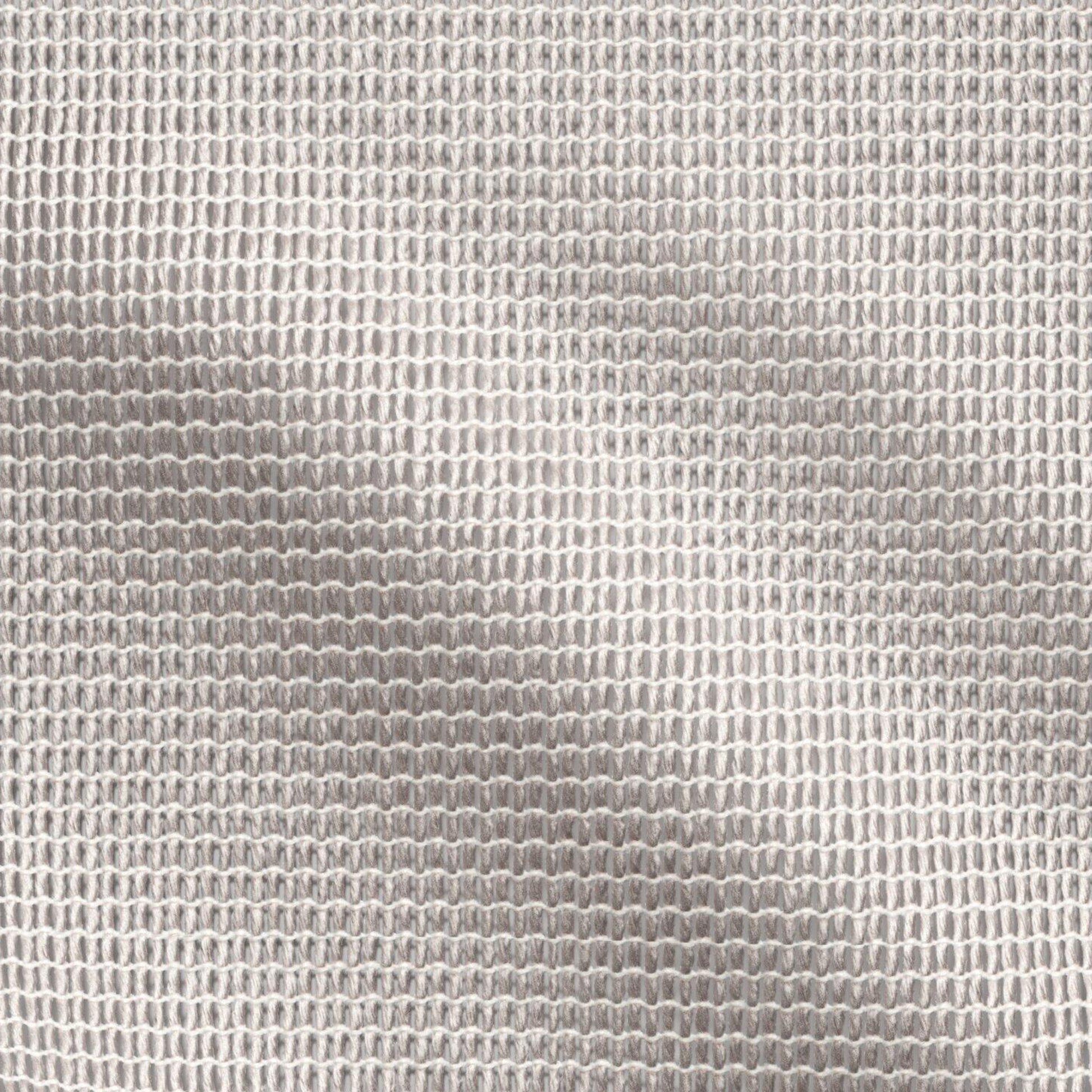 Silver-gray metallic knit mesh fabric with tiny loop pattern and subtle sheen, ideal for upholstery or drapes.