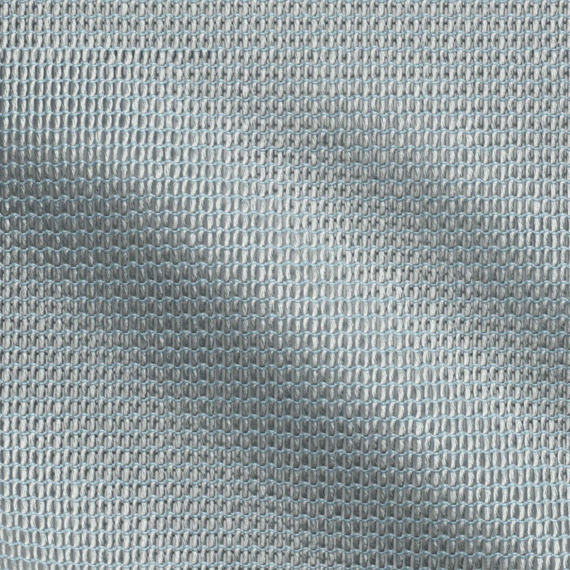 Close-up of silver-gray woven mesh fabric with tiny oval loops and subtle metallic sheen.