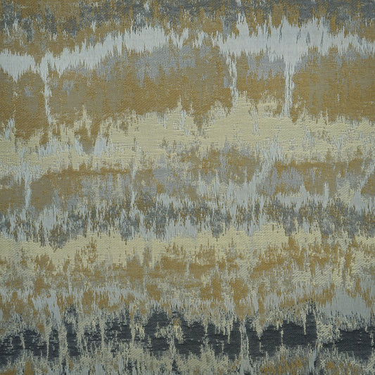 Abstract striped fabric in gold, olive, sage gray and navy with painterly brushstrokes and a textured weave.
