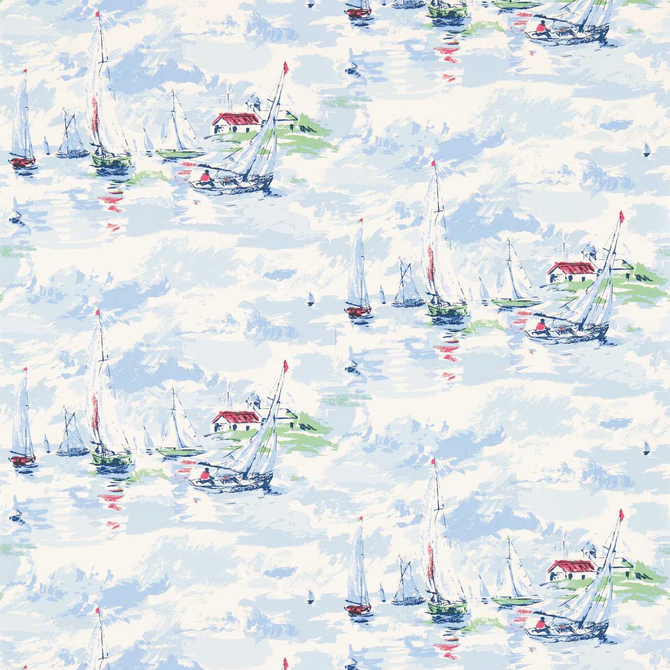 Watercolor nautical pattern: sailboats on blue water with red-roofed islets and green patches; seamless wallpaper design.