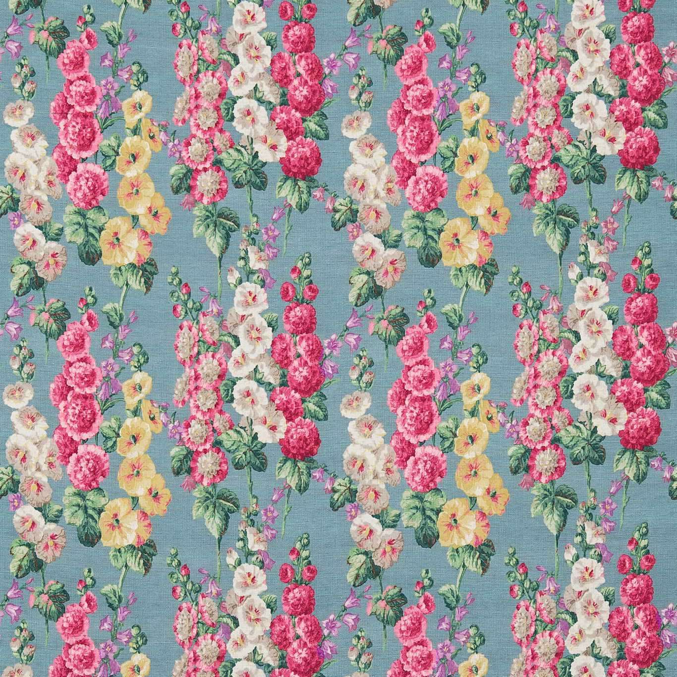 SANDERSON Hollyhocks Fabric Classic Floral Petrol Blue,Multi   - DVIN224310