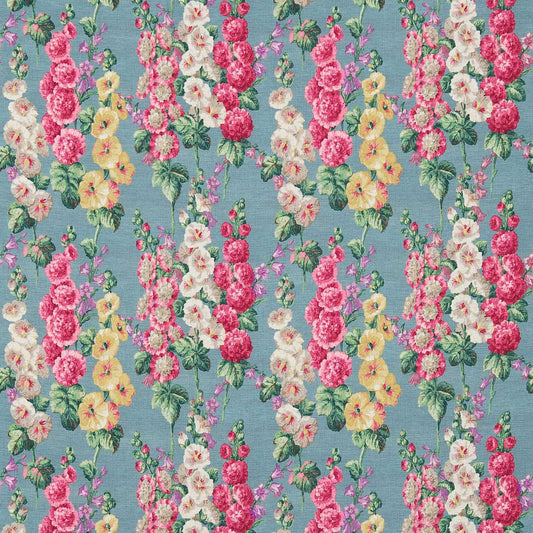 SANDERSON Hollyhocks Fabric Classic Floral Petrol Blue,Multi   - DVIN224310