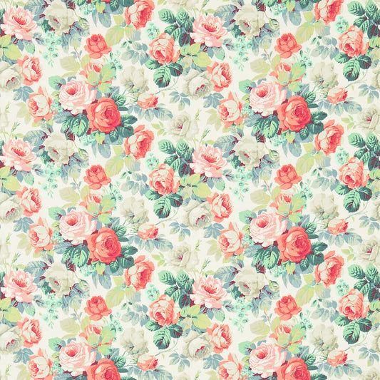 SANDERSON Chelsea Fabric Classic Floral Coral,Emerald   - DVIN224322