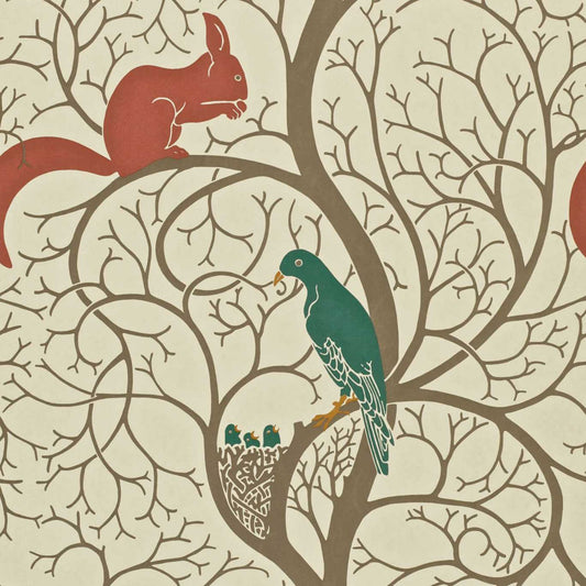 SANDERSON Squirrel & Dove Wallpaper Animals Teal, Red  Flexo-Printed Wallpaper - DVIWSQ102