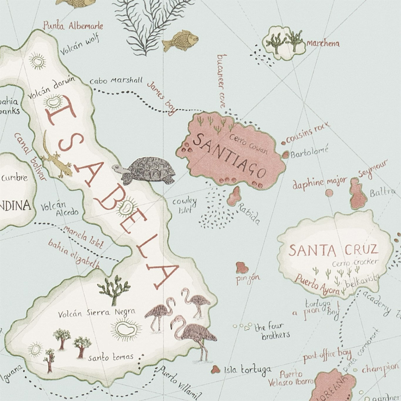 Pastel vintage map illustration of the Galapagos Islands, featuring Isabela and Santiago, with towns, sea life and trees.