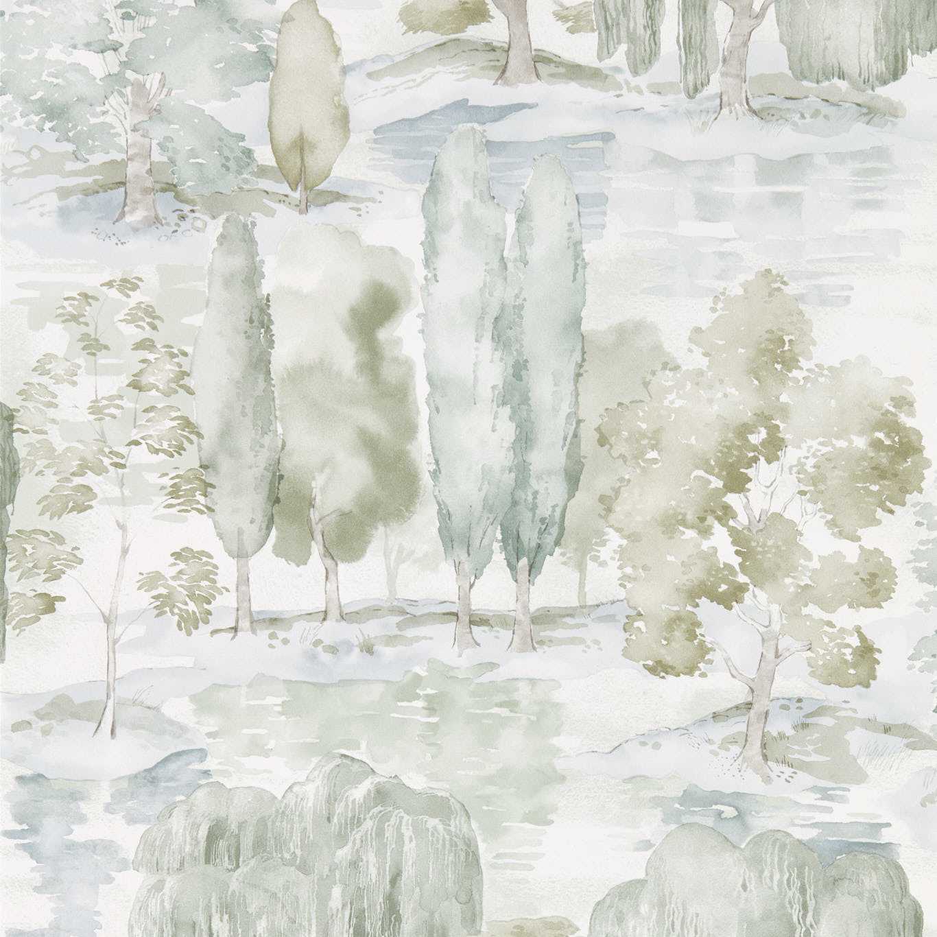 Pastel watercolor wallpaper design featuring willow and olive trees with leaves in a soft landscape motif.