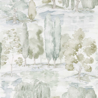 Pastel watercolor wallpaper design featuring willow and olive trees with leaves in a soft landscape motif.