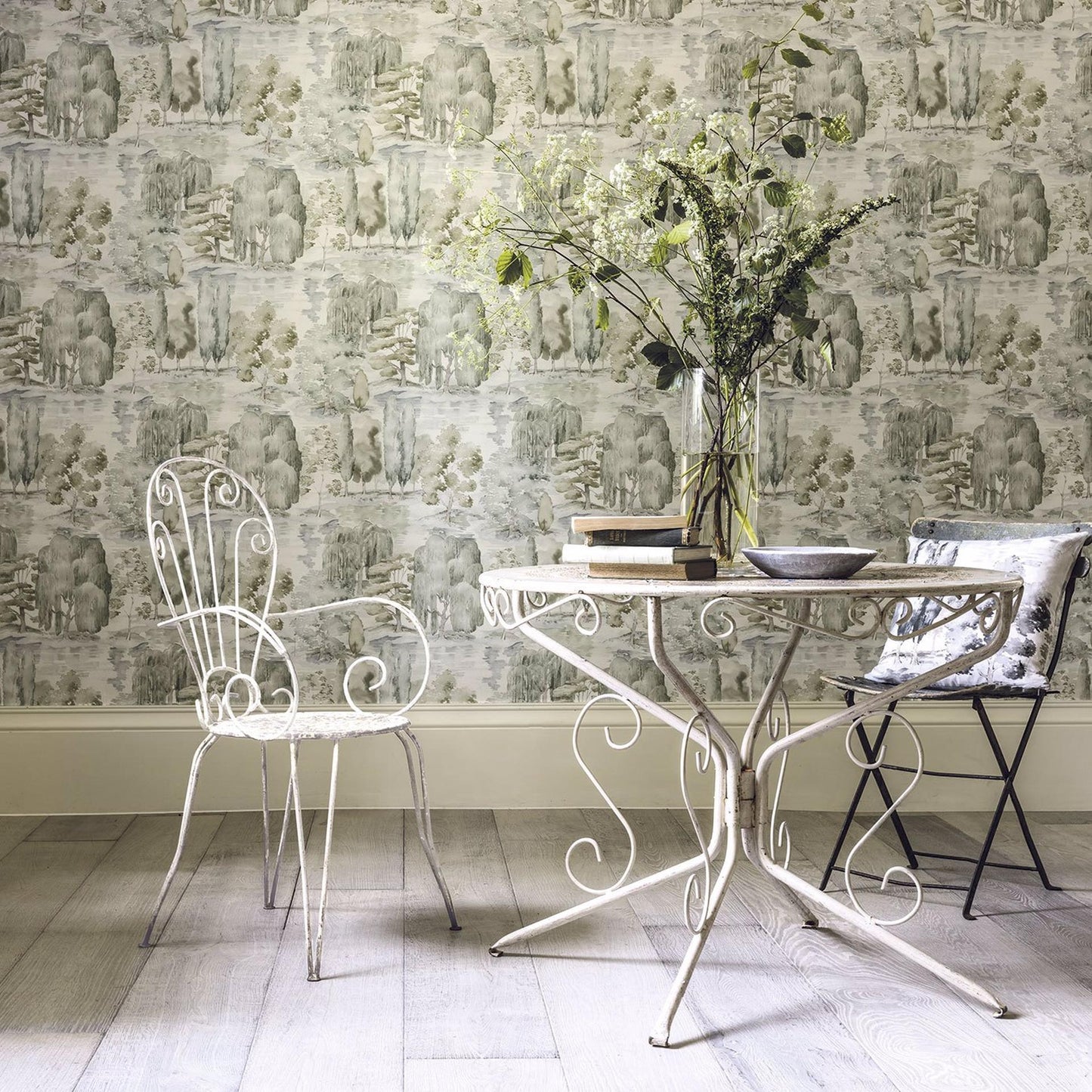 Watercolor landscape wallpaper with trees in soft olive and willow tones