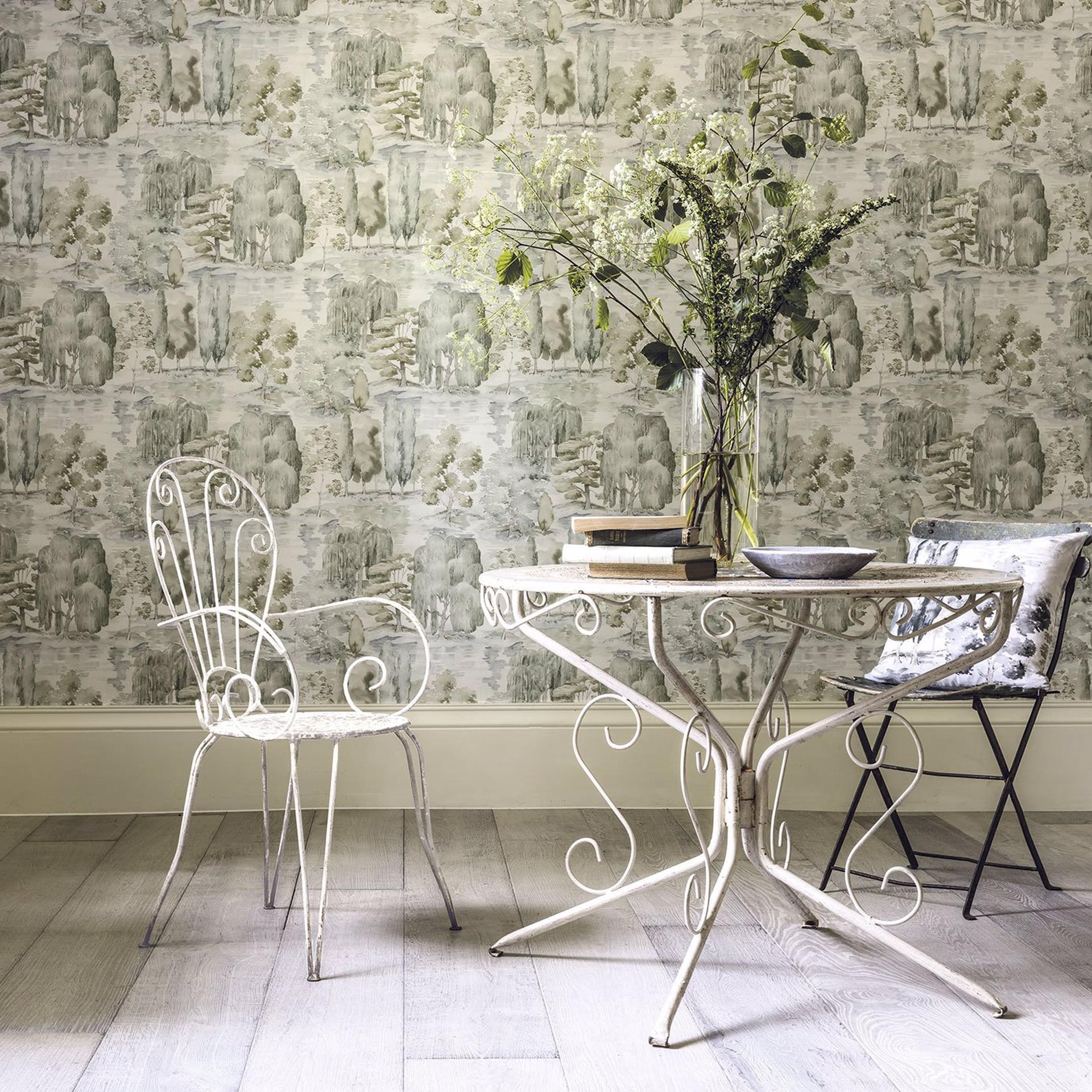 Watercolor landscape wallpaper with trees in soft olive and willow tones