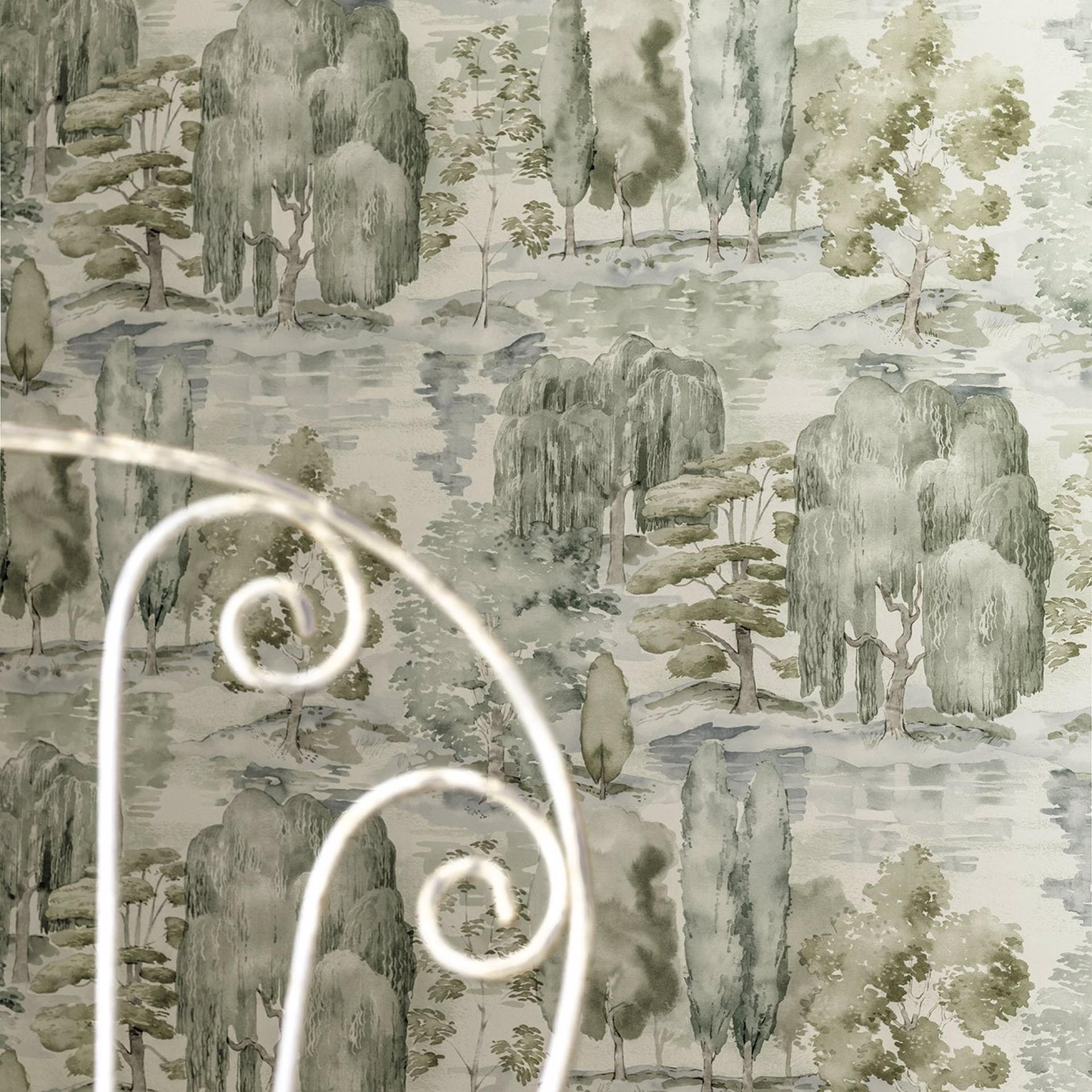 Willow and olive wallpaper featuring leaves and trees in soft willow and olive tones.