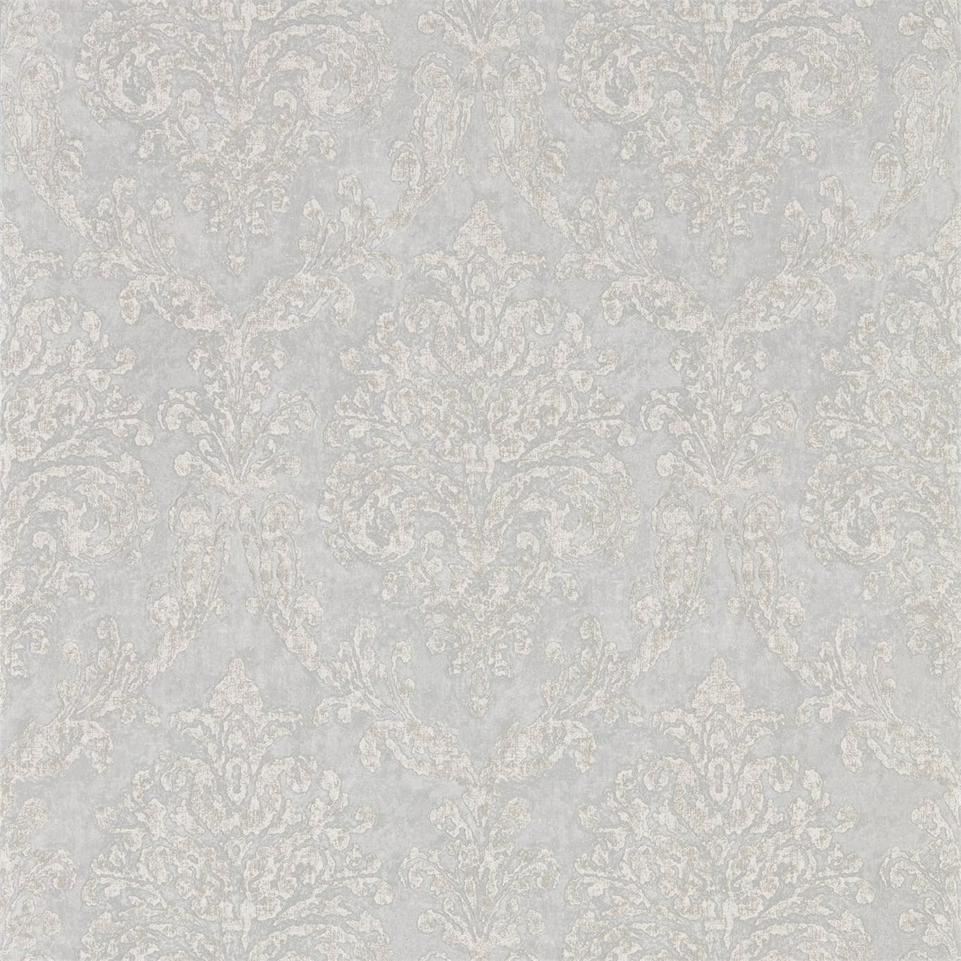 Light gray-blue wallpaper with ivory damask floral pattern; elegant vintage wall covering.