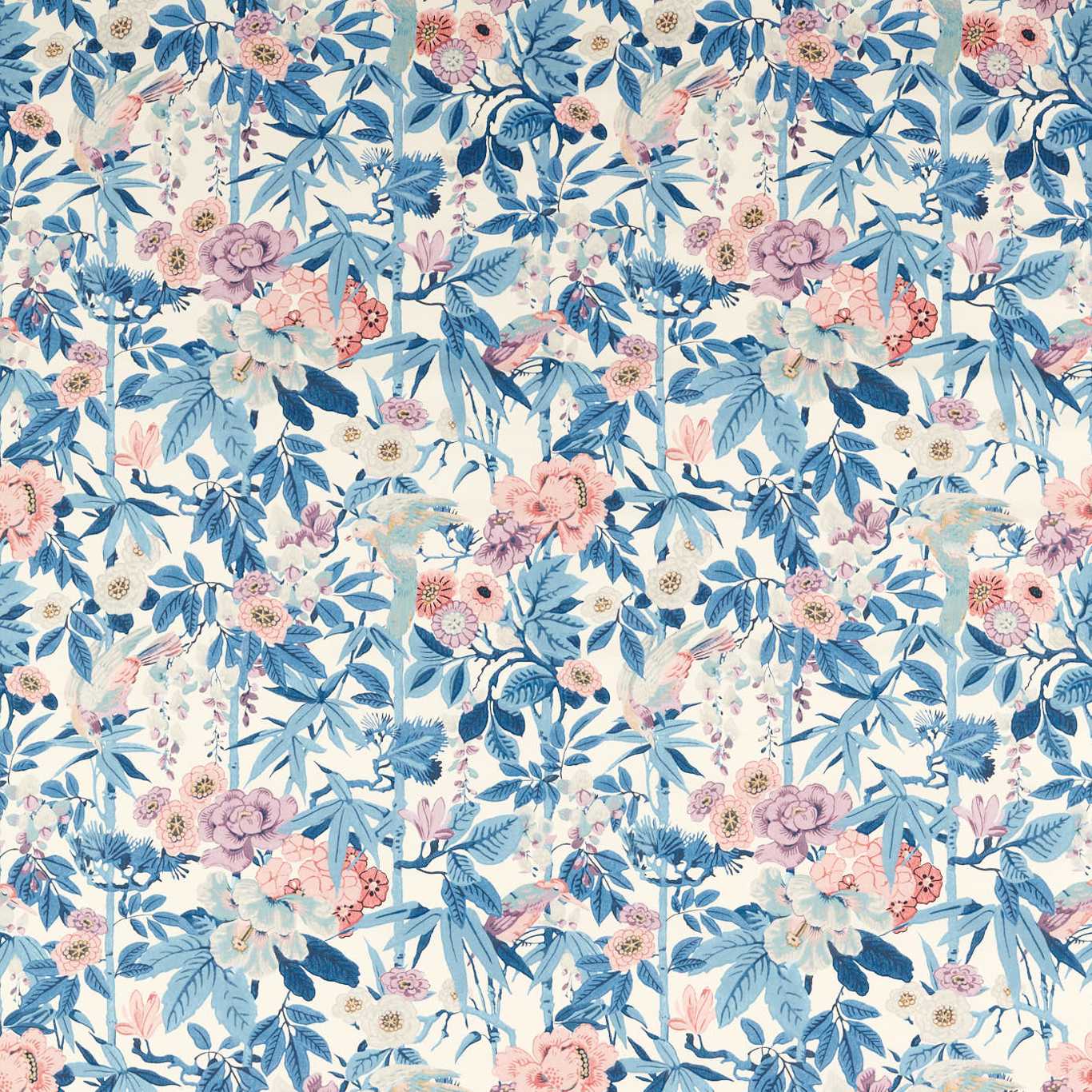 SANDERSON Bamboo & Bird Fabric Classic Floral China Blue ,Lotus Pink   - DWAT226970