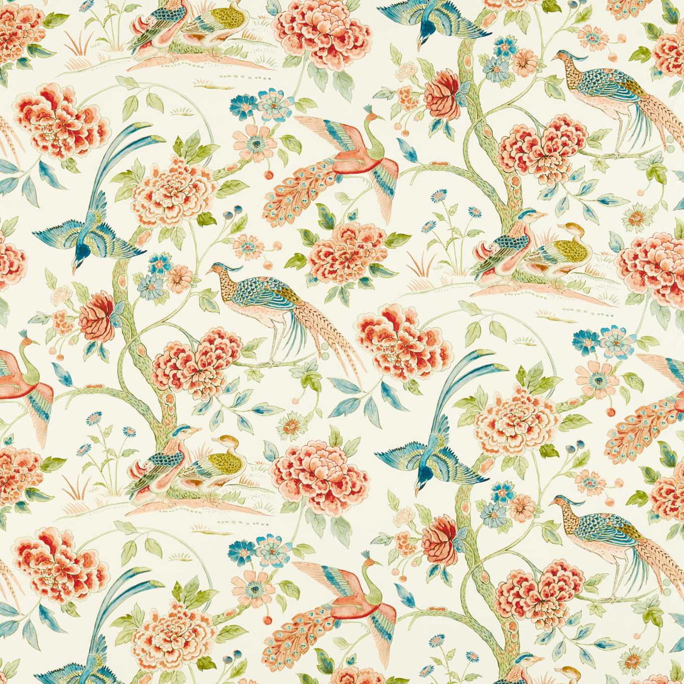 SANDERSON Indienne Peacock Fabric Classic Floral Cinnabar Red, Olive   - DWAT226971