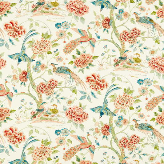SANDERSON Indienne Peacock Fabric Classic Floral Cinnabar Red, Olive   - DWAT226971