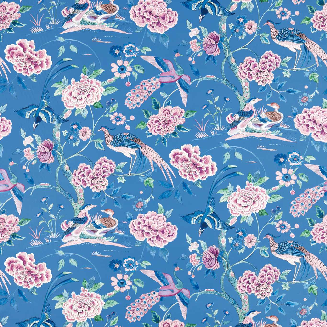 SANDERSON Indienne Peacock Fabric Classic Floral Blueberry   - DWAT226972