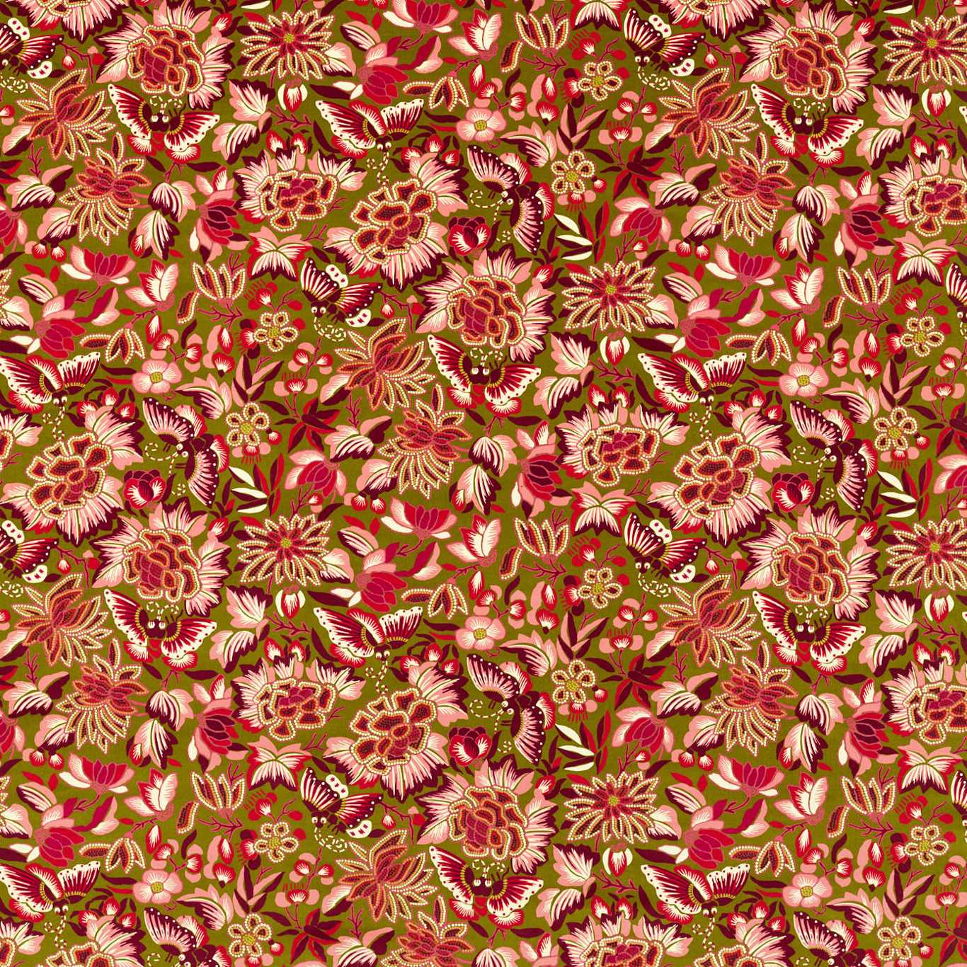 SANDERSON Amara Butterfly Fabric Contemporary, Floral Olive ,Lotus Pink   - DWAT226975