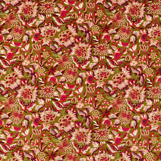 SANDERSON Amara Butterfly Fabric Contemporary, Floral Olive ,Lotus Pink   - DWAT226975