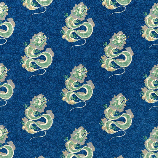 SANDERSON Water Dragon Fabric Animals Emperor Blue,Emerald   - DWAT226976