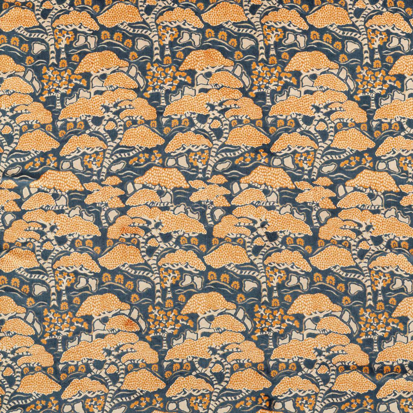 SANDERSON Bonsai & Gingko Fabric Leaves , Trees Midnight,Orange   - DWAT237277