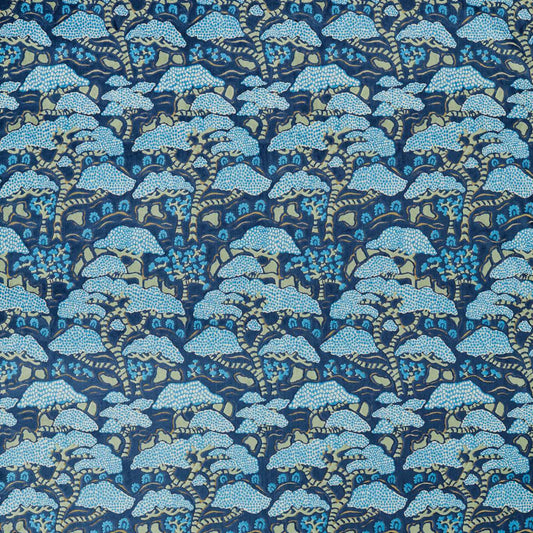SANDERSON Bonsai & Gingko Fabric Leaves , Trees Blue   - DWAT237278
