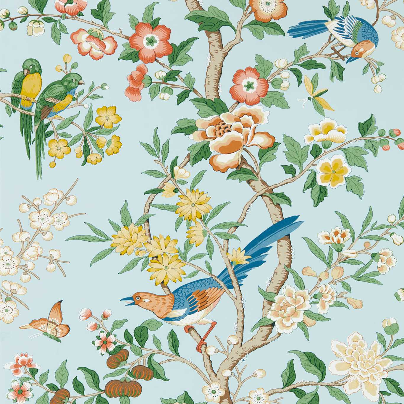 SANDERSON Chinoiserie Hall Wallpaper Leaves , Trees Dawn Blue,Persimmon  Gravure - Wide Width Printed Wallpaper - DWAW217112