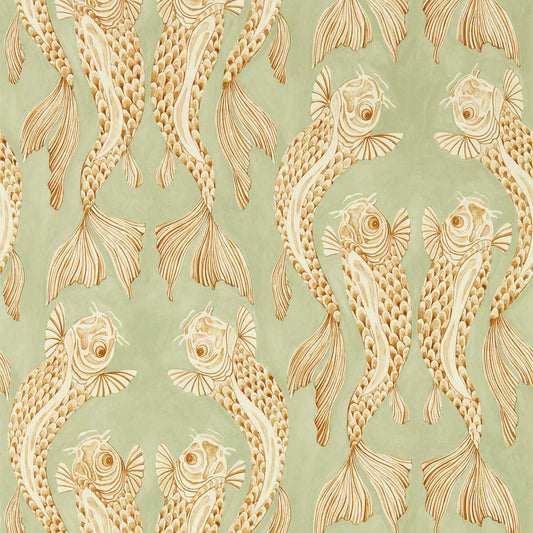 SANDERSON Voyaging Koi Wallpaper Animals Oriental Green,Honey  Gravure - Wide Width Printed Wallpaper - DWAW217114