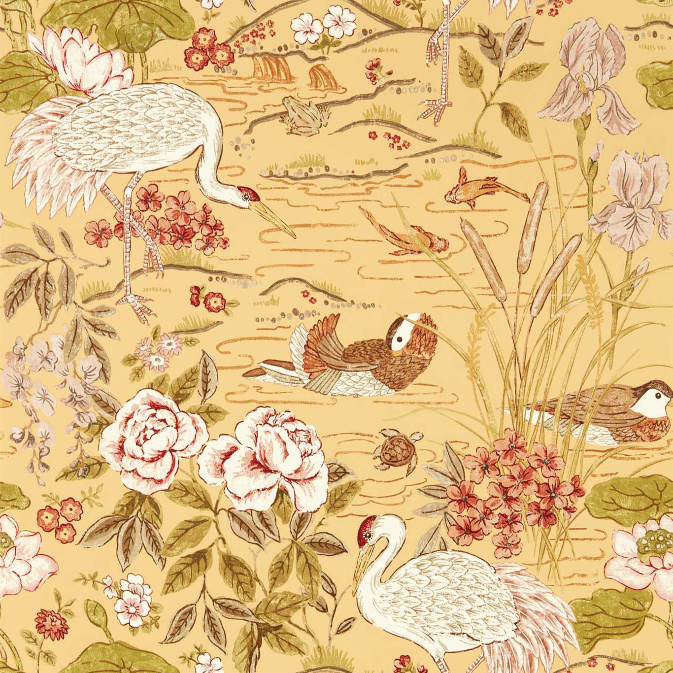 SANDERSON Crane & Frog Wallpaper Animals Honey,Olive  Gravure - Wide Width Printed Wallpaper - DWAW217124