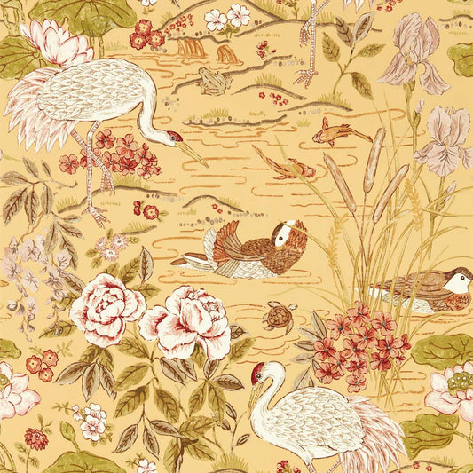 SANDERSON Crane & Frog Wallpaper Animals Honey,Olive  Gravure - Wide Width Printed Wallpaper - DWAW217124