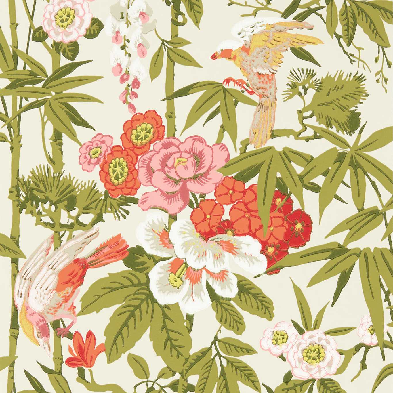 SANDERSON Bamboo & Birds Wallpaper Birds Mandarin Red,Olive  Surflex-Printed Wallpaper - DWAW217128