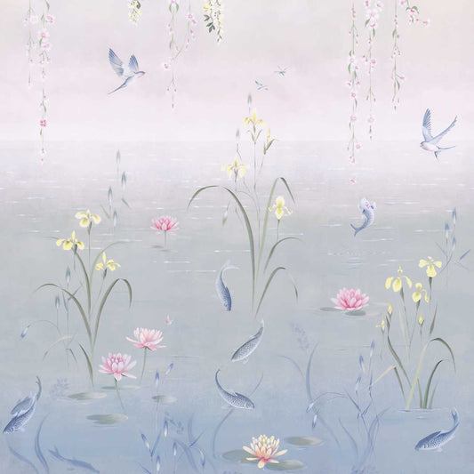 SANDERSON Water Garden Wallpaper Animals Soft Jade,Pink Blossom  Digital Printed Wallpaper Wide Width - DWAW217131