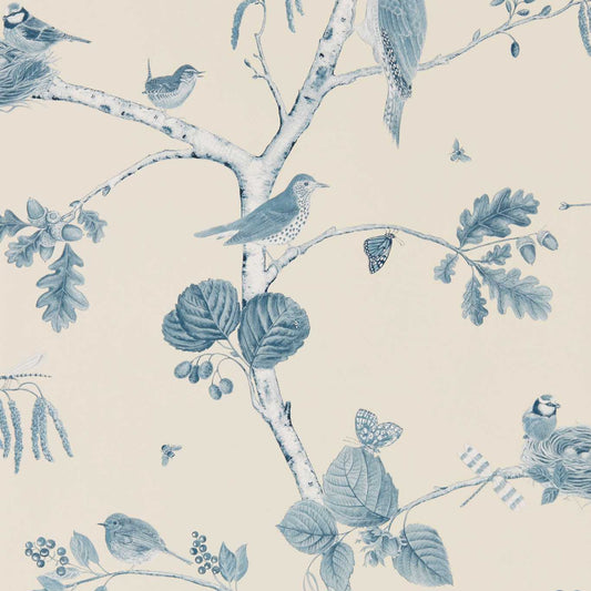 SANDERSON Woodland Chorus Wallpaper Birds Indigo,Ecru  Gravure Printed Wallpaper - DWOW215705