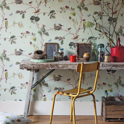 Sanderson Woodland Chorus DWOW215706 wallpaper featuring detailed birds, butterflies, and berries on a sky-blue background; premium designer wallcovering ideal for living rooms, bedrooms, and dining spaces.