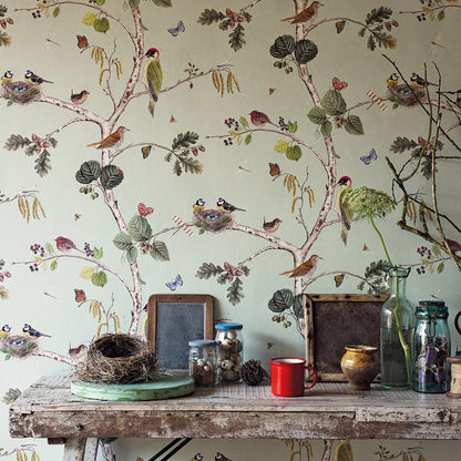 Sanderson Woodland Chorus DWOW215706 wallpaper with delicate British birds, butterflies and berries on a modern tree of life motif in sky blue multi-colour, roll width 20.5″, pattern repeat 27″, ideal for feature wall, classic country interior design