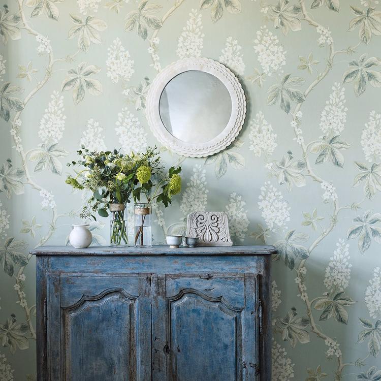 Chestnut Tree wallpaper by Sanderson in grey blue and sage featuring watercolor horse chestnut blossoms with pencil detailing, luxury botanical floral designer wallcovering for cottagecore, farmhouse, and classic interiors.